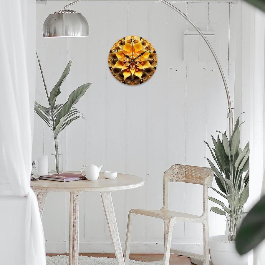 『コール Wood Wall Clocks Symmetrical Yellow Fractal Flower Simple Watches Time for Kitchen Office Living Bedroom Wood Round Wall Clock (12 Inch)