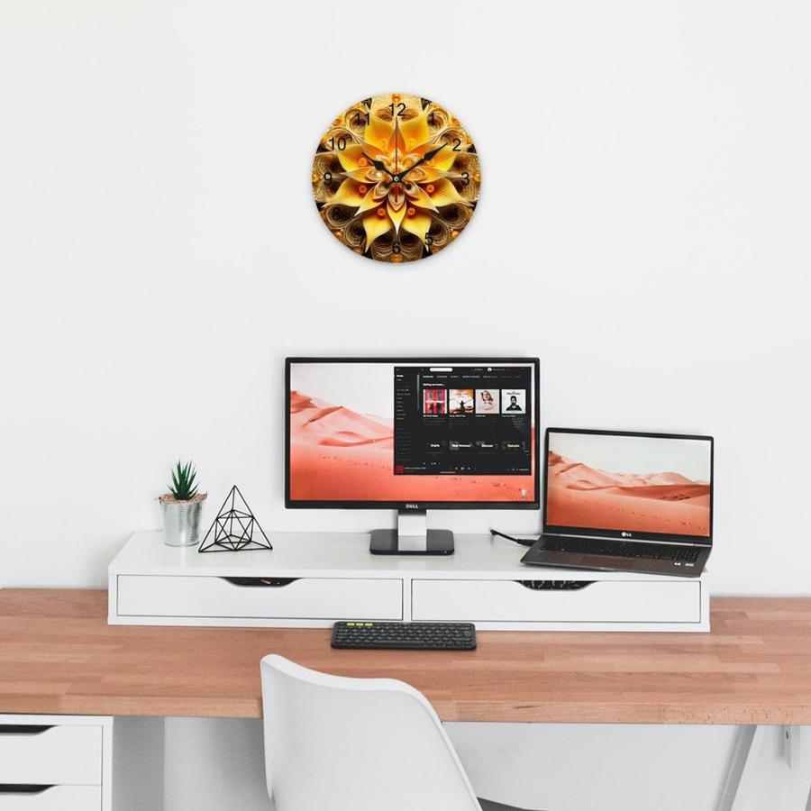 『コール Wood Wall Clocks Symmetrical Yellow Fractal Flower Simple Watches Time for Kitchen Office Living Bedroom Wood Round Wall Clock (12 Inch)