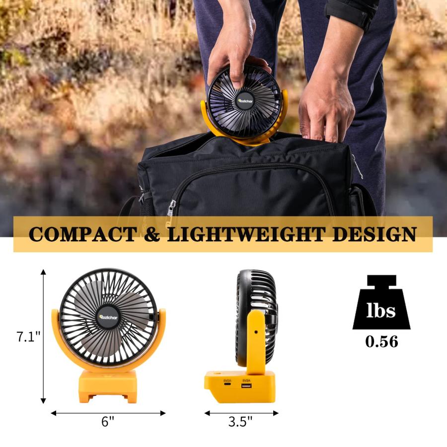 当店独占販売 Rozlchar Portable Cordless Fan For DeWALT 18V 20V Battery， Work for DCB182 DCB183 DCB205 DCB206， Brushless Motor With USB A+C Fast Charging For Campin