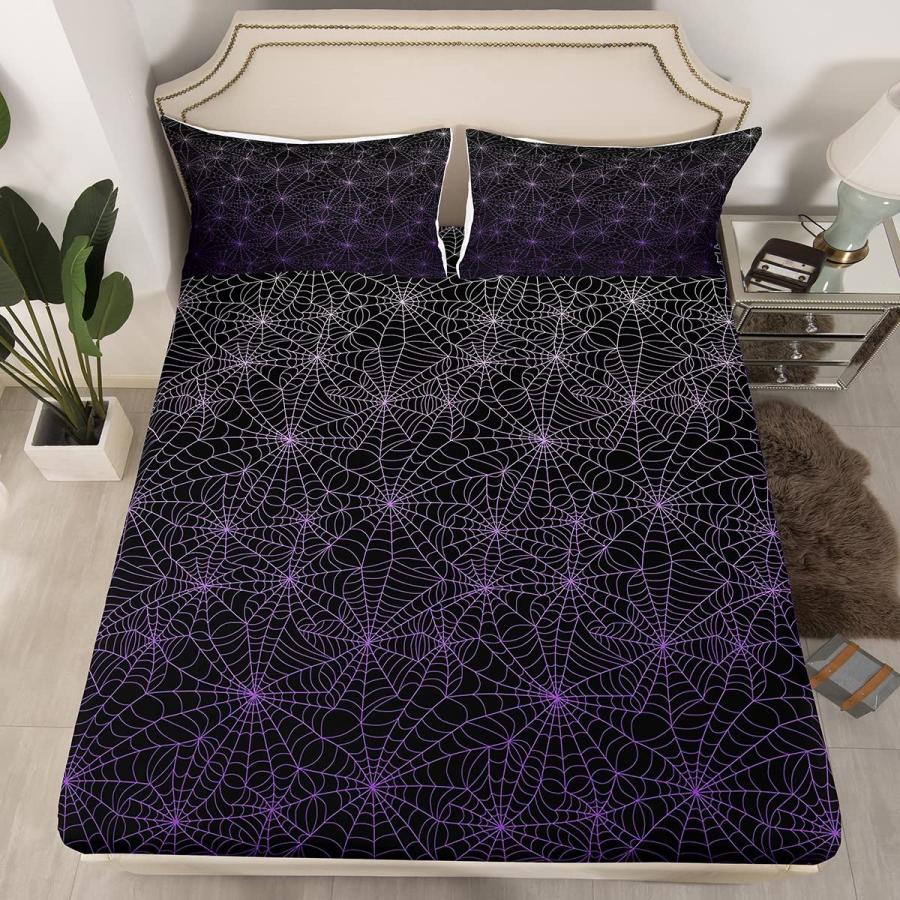 大手ECサイト Erosebridal Spider Web Bed Sheets Set Queen Size Halloween Sheet Set Geometric Stripes Lines Sheets Purple Ombre Top Sheet for Adult Men Women Soft Be