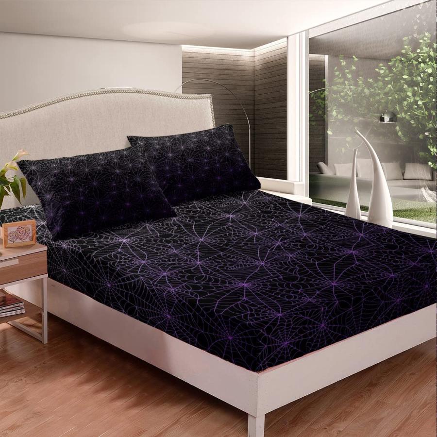 大手ECサイト Erosebridal Spider Web Bed Sheets Set Queen Size Halloween Sheet Set Geometric Stripes Lines Sheets Purple Ombre Top Sheet for Adult Men Women Soft Be