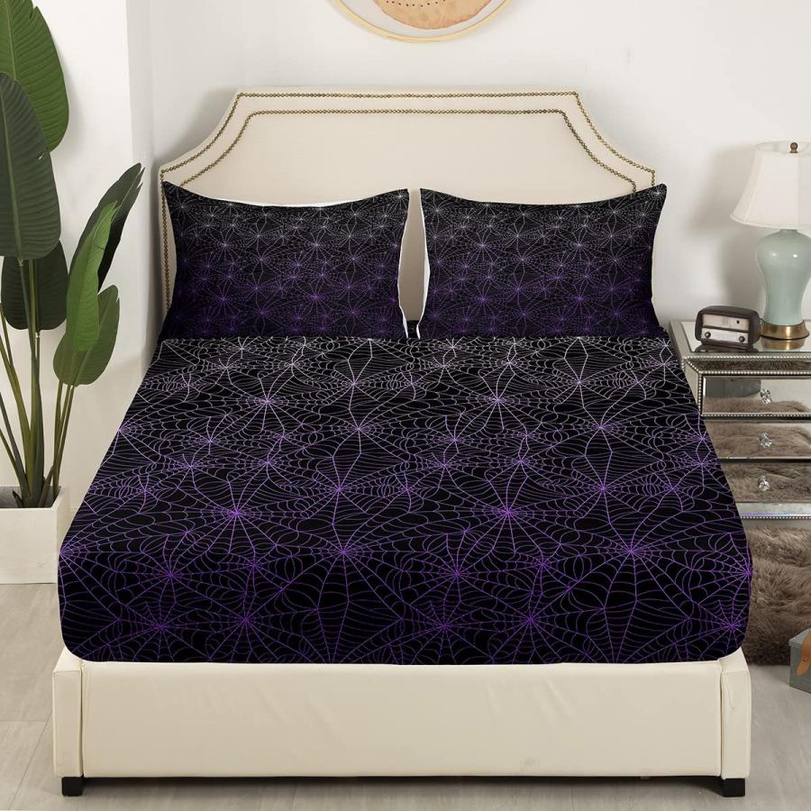 大手ECサイト Erosebridal Spider Web Bed Sheets Set Queen Size Halloween Sheet Set Geometric Stripes Lines Sheets Purple Ombre Top Sheet for Adult Men Women Soft Be