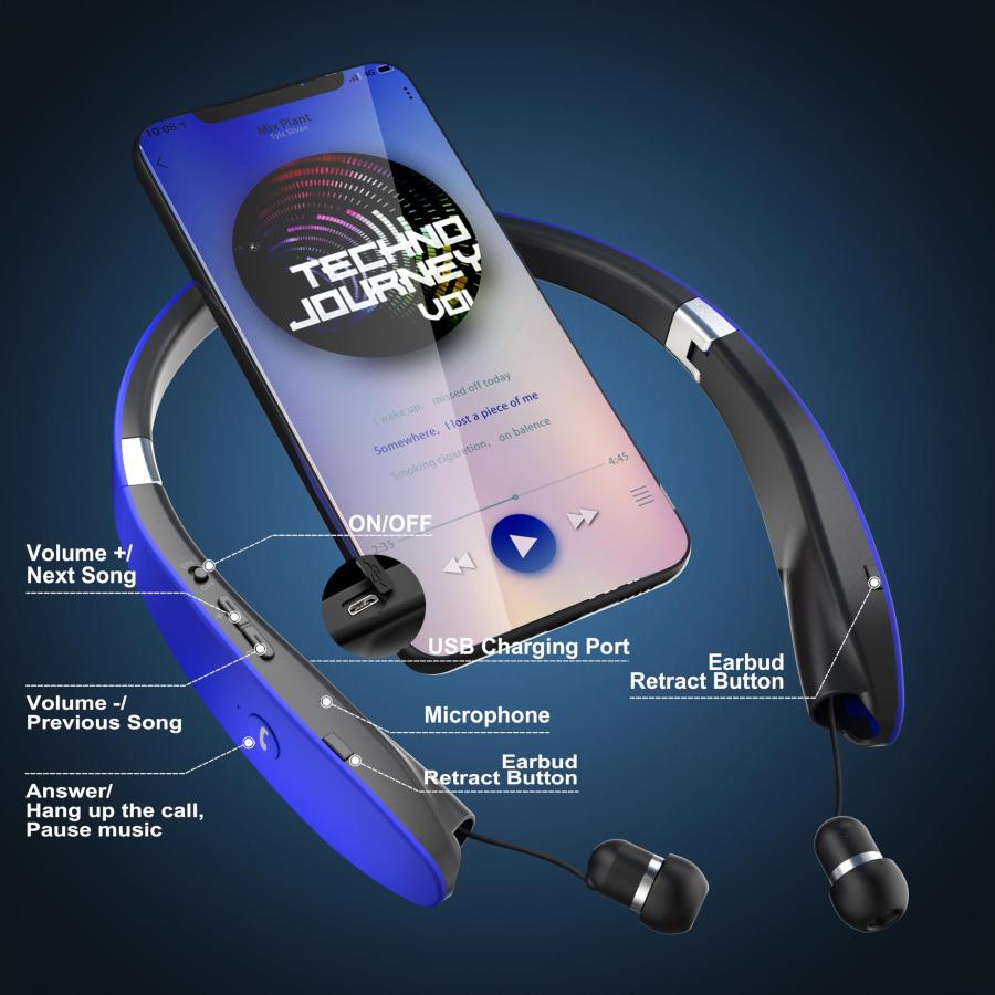 正規品安心保証 AMORNO Foldable Bluetooth Headphones Wireless Neckband Headset with Retractable Earbuds， Sports Sweatproof Noise Cancelling Stereo Earphones with Mic