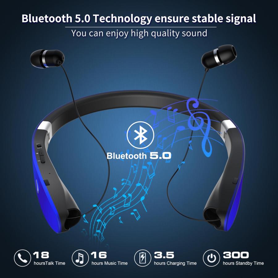 正規品安心保証 AMORNO Foldable Bluetooth Headphones Wireless Neckband Headset with Retractable Earbuds， Sports Sweatproof Noise Cancelling Stereo Earphones with Mic