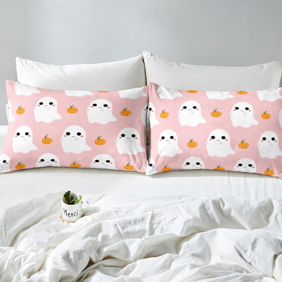 line Castle Fairy Hand Draw Pink White Print Fitted Sheet Set with 2 Pillowcase，Watercolor Pumpkin Halloween Microfiber Mattress Cover，Cartoon Ghost Bed Co