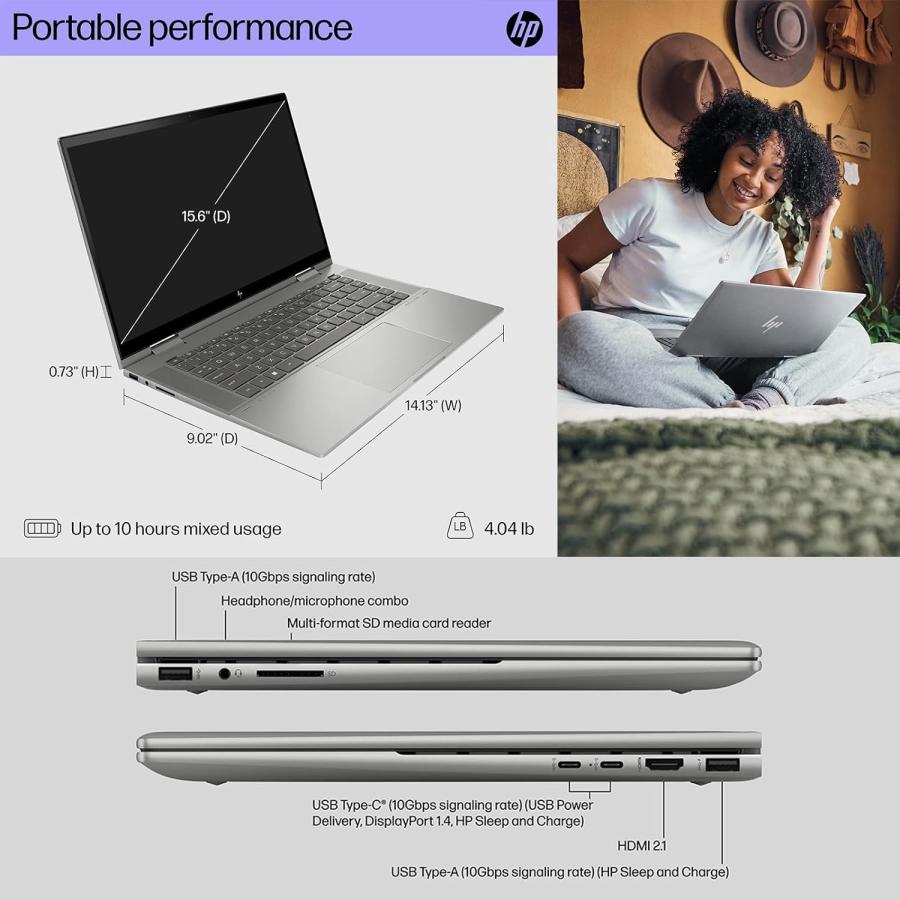 楽天市場店 HP Envy x360 2-in-1 15.6 FHD Touchscreen Laptop， AMD Ryzen 7 7730U Processor， 16GB RAM 512GB SSD， Wi-Fi 6E， Bluetooth， HDMI， Webcam， Backlit Keyboard