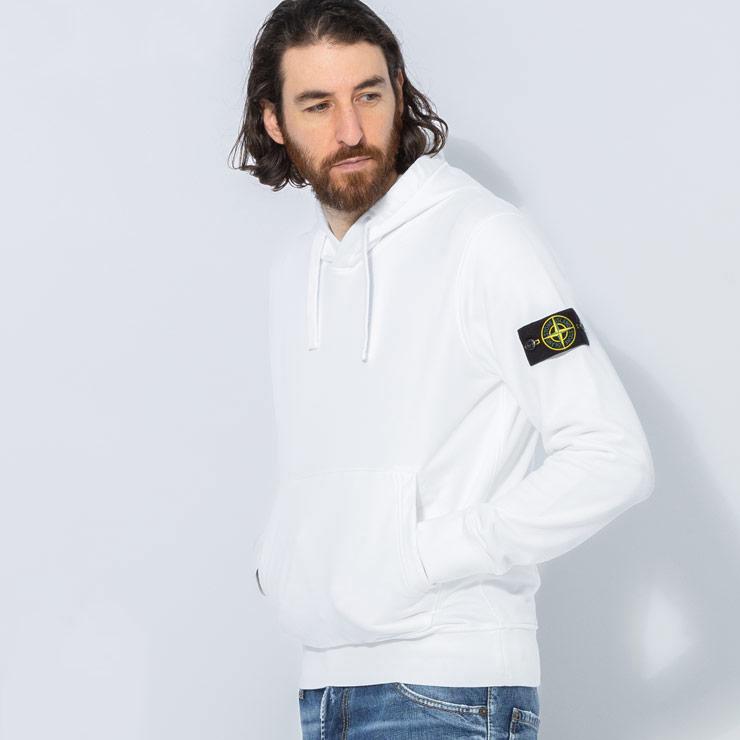 ストーンアイランド プルオーバー ニットパーカー S ホワイト STONE ISLAND（ストーン アイランド） 裏毛 ロゴパッチ ポケット付き