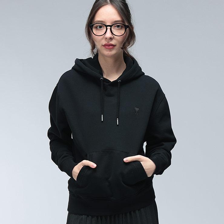 AMI PARISブラック ハート A 刺繍 フーディー プルオーバー パーカー AMI Alexandre Mattiussi アミパリス フーディ レディース AMI PARIS