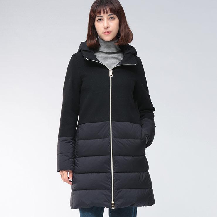 美品 HERNO ダウンコート 切替 異素材 ニット 44 2XL 黒 HERNO（ヘルノ） ダウン コート アウター レディース ウール 切り替え
