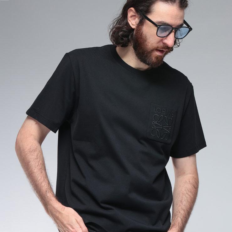 LOEWE 黒の刺繍ロゴTシャツ LOEWE（ロエベ） Tシャツメンズ アナグラム刺繍 ポケット クルーネック