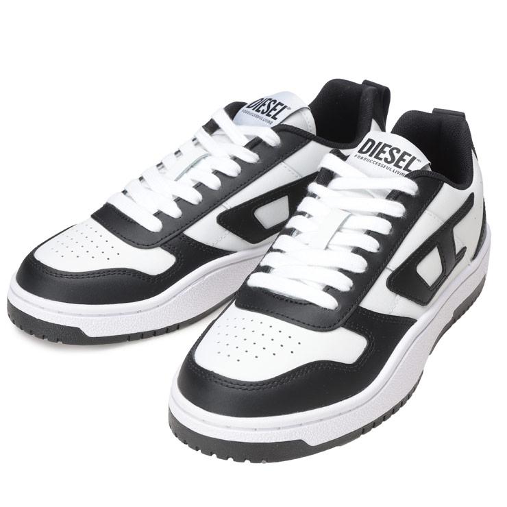 ◆DIESEL ストライプデザイン スニーカー (ブラック&ホワイト柄) ◆ DIESEL（ディーゼル） メンズ レザー ロゴ ローカットスニーカー S