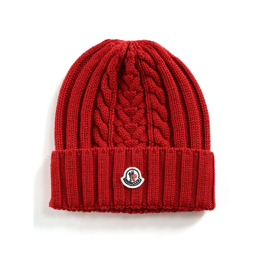 モンクレール レディース ニットキャップ MONCLER ニット帽 ウール100％ ロゴ ワッペン ケーブル編み ブランド 帽子 赤 黒 紺  MCL9Z70600A9146