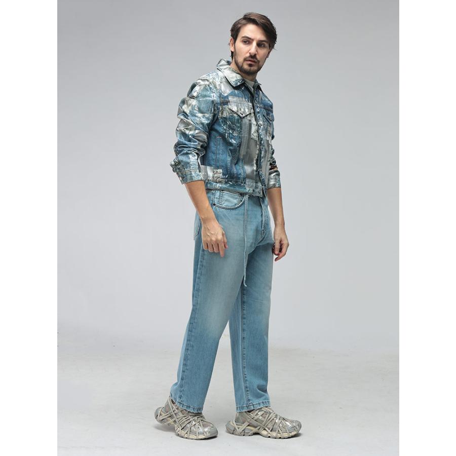 アクネストゥディオズ メンズ ジャケット Acne Studios トロンプルイユ メタリック クロップド丈 デニム ジャケット ACB90886 ブランド アウター ブルーの画像