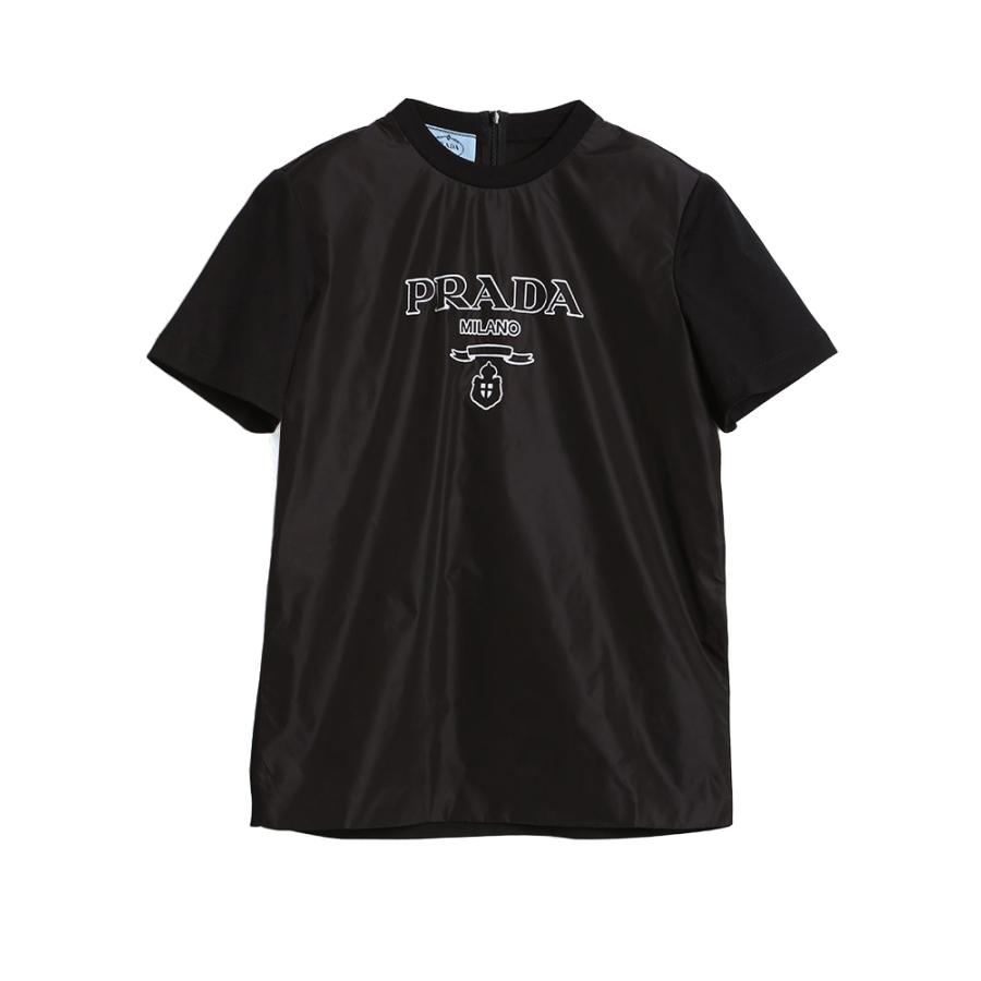 プラダ レディース Tシャツ PRADA 異素材切り替え ロゴ クルーネック 半袖 Tシャツ PRL35838R10GO