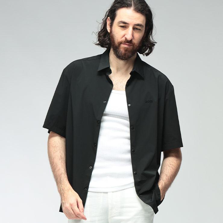 ヒューゴボス メンズ シャツ HUGO BOSS 半袖 ストレッチ エンボスロゴ