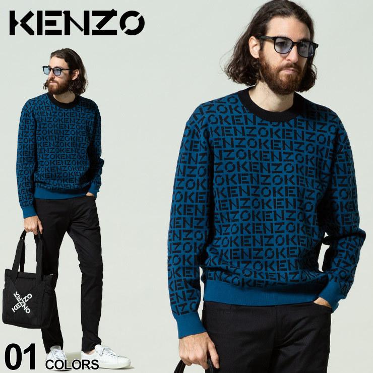 KENZO メンズ ケンゾー ロゴ 総柄 クルーネック ニット セーター ブランド トップス ニット 青 KZFB65PU6363SC