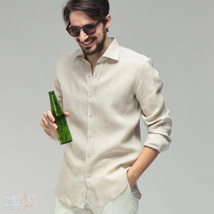 ジャンネット メンズ シャツ 長袖 GIANNETTO リネン100％ 無地 ワン