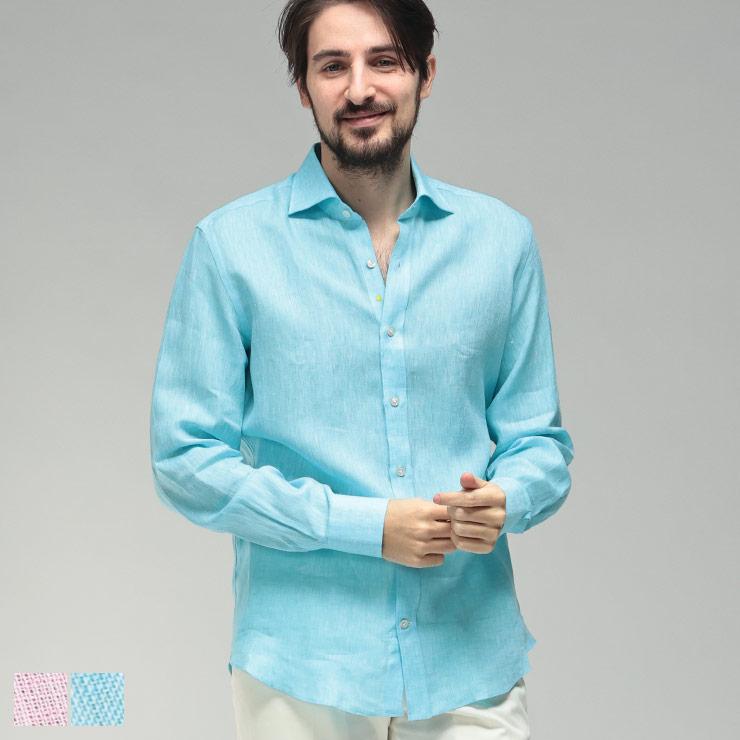 ジャンネット メンズ シャツ 長袖 GIANNETTO リネン100％ 無地 ワン