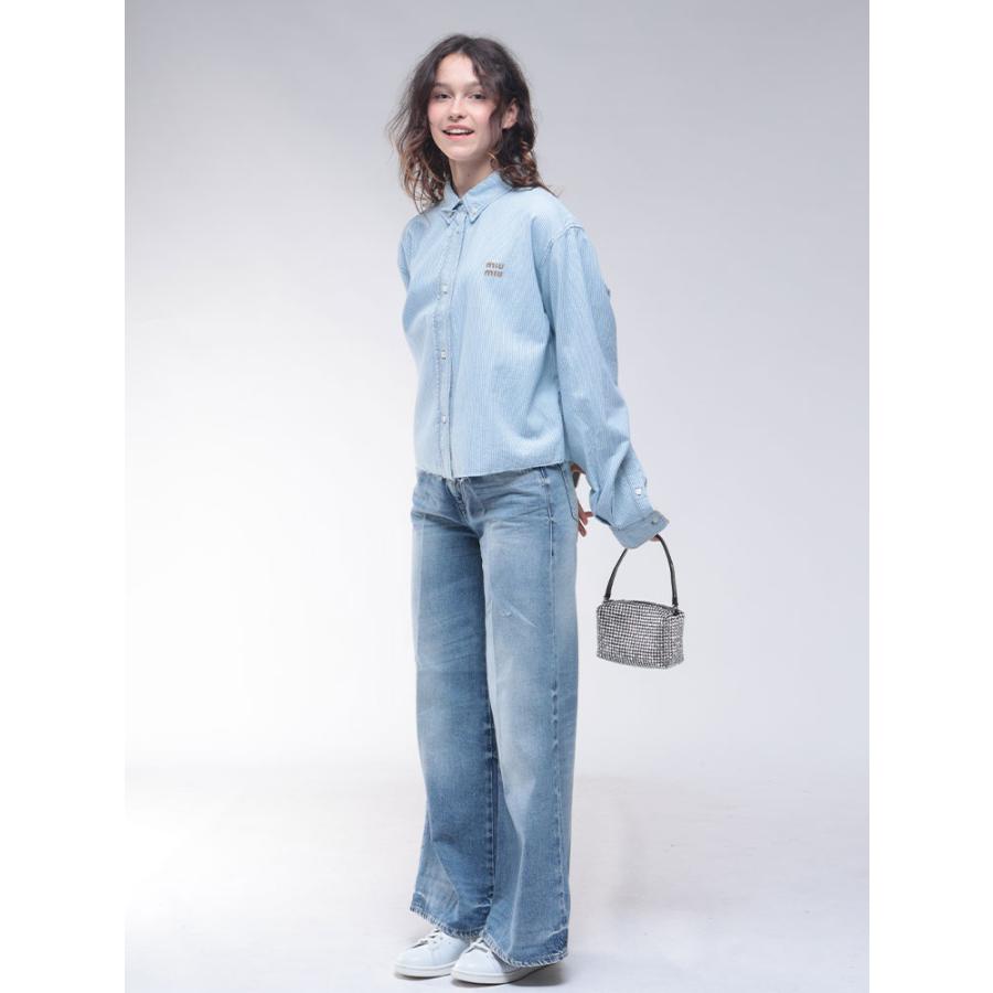 miu miu（ミュウミュウ） ロゴ刺繍 ストライプ 長袖 クロップドシャツ