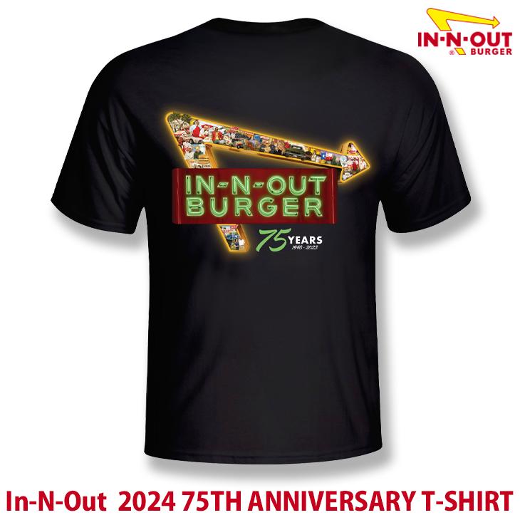 IN-N-OUT BURGER：US直輸入 2024 75th ANNIVERSARY T-SHIRT California ブラック 半袖 ロゴ Tee イネナウト ハンバーガー Tシャツ | 