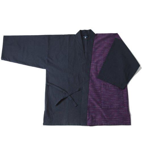 切り返し柄作務衣 日本製・男性用 (S, 黒×パープル) 着物