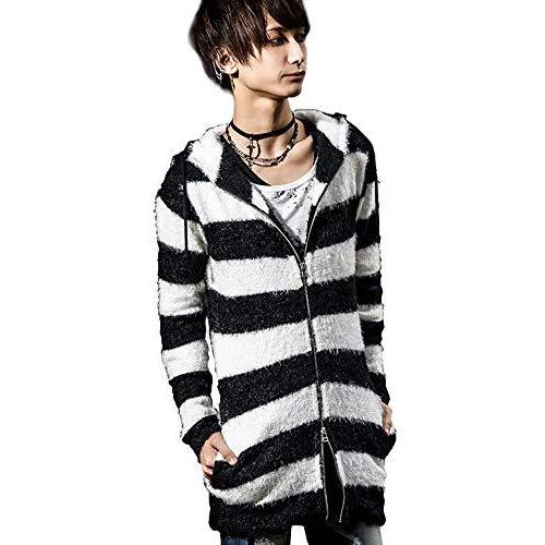 激安売店 バーニングショウ Bernings Sho メンズ フェザーヤーン ボーダー柄 ロング丈 ジップアップ パーカー V系 M 01 Wht ホ セールスストア Www Superavila Com