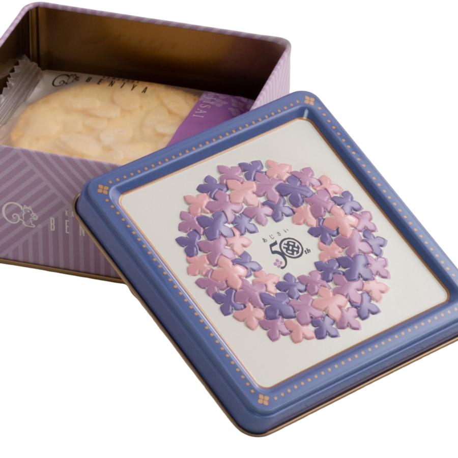 鎌倉紅谷 あじさい 3枚入り 1缶 袋付き 50周年記念デザイン お菓子