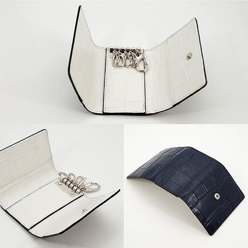 クロコダイル風型押し 牛革 5連 キーケース 3つ折り カードポケット付