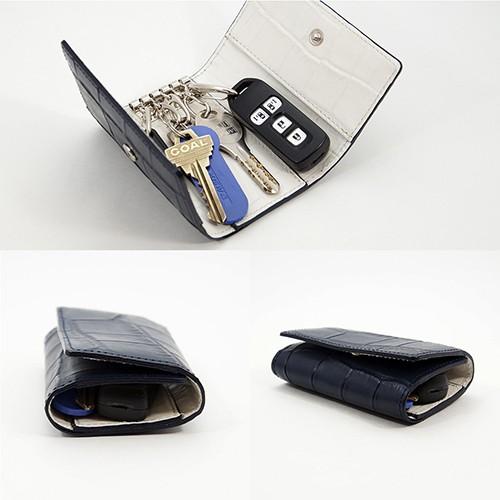 クロコダイル風型押し 牛革 5連 キーケース 3つ折り カードポケット付