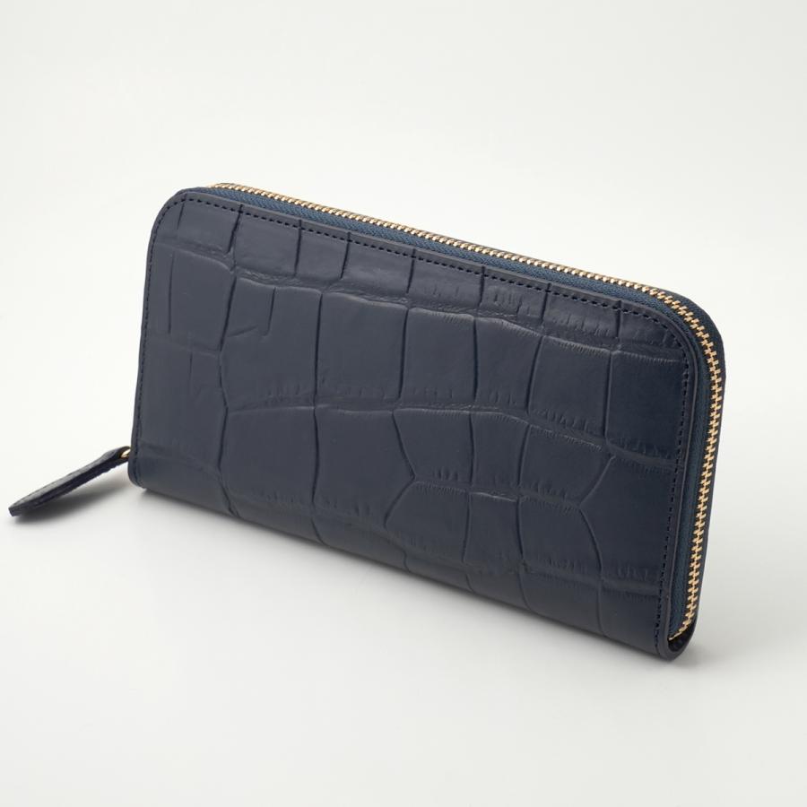 高級 ハンドメイド 財布 ネイビー クロコダイル（型押し） の 本革 