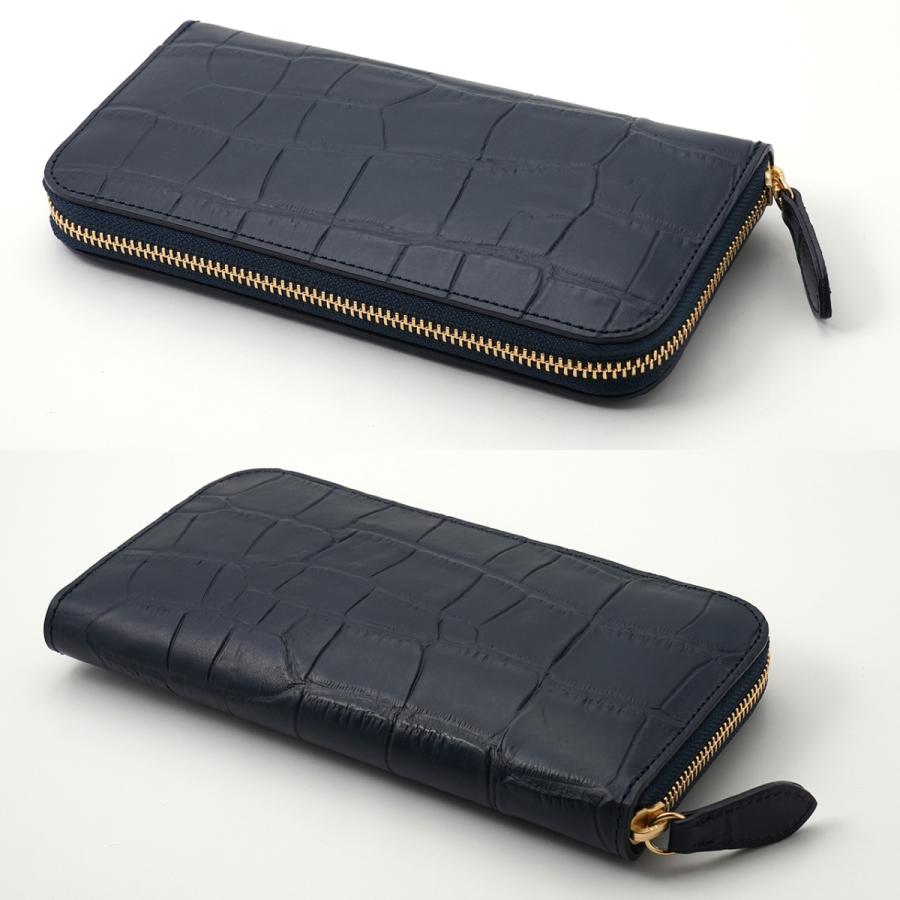 高級 ハンドメイド 財布 ネイビー クロコダイル（型押し） の 本革 
