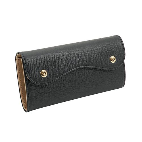 ノブレッサカーフ カブセ型 マグネット 長財布　２つ釦（ボタン）と曲線が 可愛い 本革 レディース 財布　ブラック（黒）｜zeppinchibahonpo