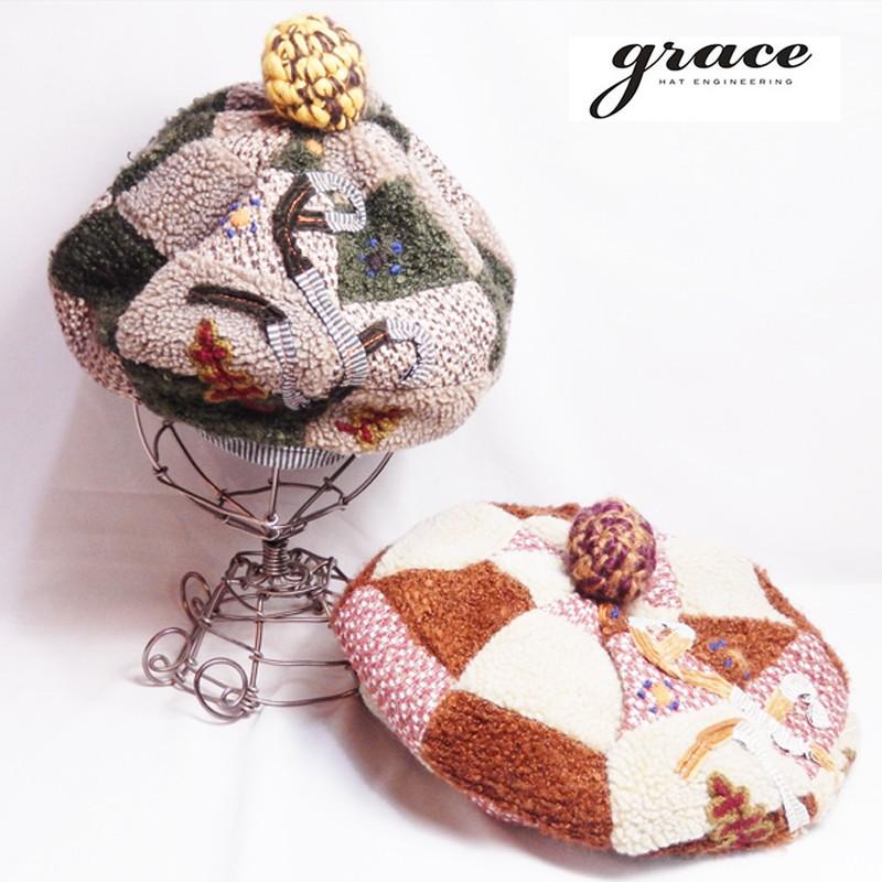 grace hats パッチワークボンボンつきベレー帽 | 