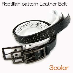 爬虫類柄のスタッズベルトブラックバックルはローラーだよ〜 スタッズベルト ウェスタンベルト | 