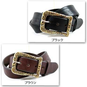 ベルト メンズ 通販ディープゾーン栃木レザーベルト、金色部分が真鍮のアラベスク柄馬蹄型ピューターバックルのベルトです日本製M |  | 02