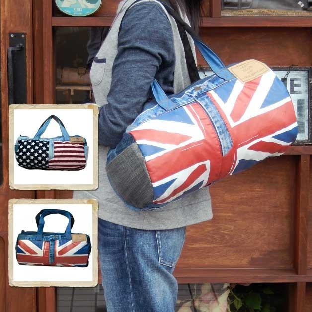 ボストンバック　ターンオーバー USEDデニムジーンズ UK FLAG ユニオンジャック、星条旗 ポケット国旗ロールボストンバック | 
