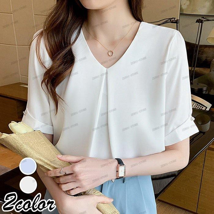 レディース  ブラウス 春夏 オシャレブラウス シャツ 白シフォンブラウス Vネックブラウス 半袖トップス おしゃれ 上品 通勤 OL ゆったりシャツ | 