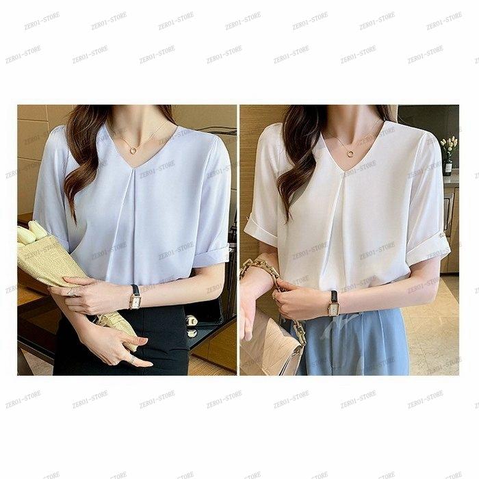 レディース  ブラウス 春夏 オシャレブラウス シャツ 白シフォンブラウス Vネックブラウス 半袖トップス おしゃれ 上品 通勤 OL ゆったりシャツ |  | 01