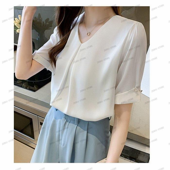 レディース  ブラウス 春夏 オシャレブラウス シャツ 白シフォンブラウス Vネックブラウス 半袖トップス おしゃれ 上品 通勤 OL ゆったりシャツ |  | 11