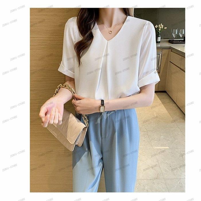 レディース  ブラウス 春夏 オシャレブラウス シャツ 白シフォンブラウス Vネックブラウス 半袖トップス おしゃれ 上品 通勤 OL ゆったりシャツ |  | 12