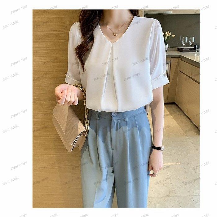 レディース  ブラウス 春夏 オシャレブラウス シャツ 白シフォンブラウス Vネックブラウス 半袖トップス おしゃれ 上品 通勤 OL ゆったりシャツ |  | 16