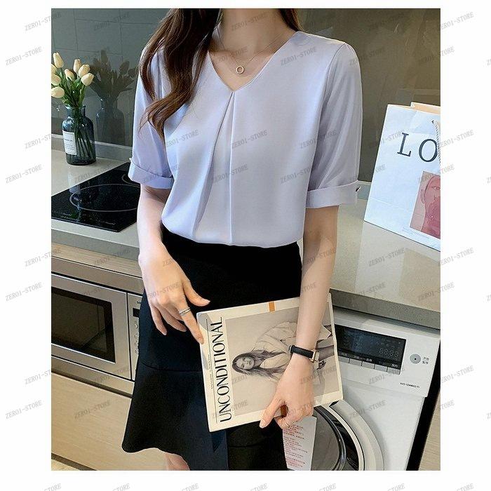 レディース  ブラウス 春夏 オシャレブラウス シャツ 白シフォンブラウス Vネックブラウス 半袖トップス おしゃれ 上品 通勤 OL ゆったりシャツ |  | 02