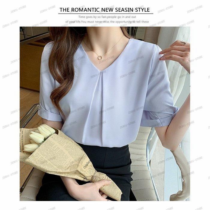 レディース  ブラウス 春夏 オシャレブラウス シャツ 白シフォンブラウス Vネックブラウス 半袖トップス おしゃれ 上品 通勤 OL ゆったりシャツ |  | 03