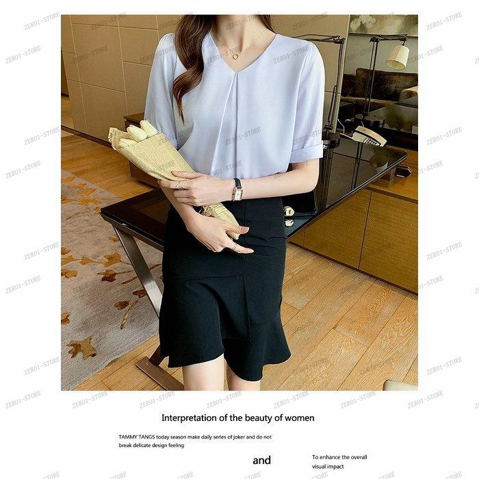 レディース  ブラウス 春夏 オシャレブラウス シャツ 白シフォンブラウス Vネックブラウス 半袖トップス おしゃれ 上品 通勤 OL ゆったりシャツ |  | 04