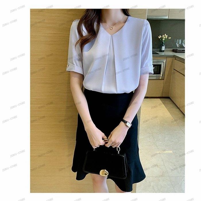 レディース  ブラウス 春夏 オシャレブラウス シャツ 白シフォンブラウス Vネックブラウス 半袖トップス おしゃれ 上品 通勤 OL ゆったりシャツ |  | 06