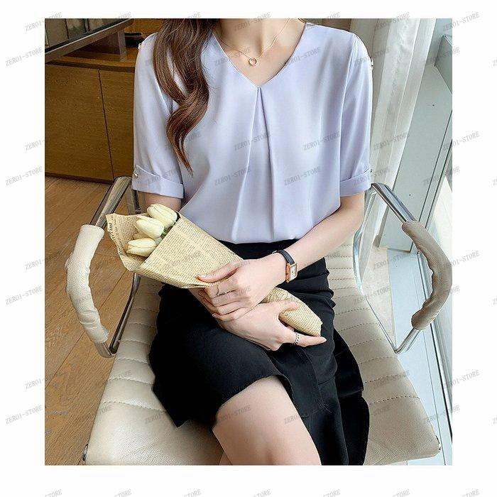 レディース  ブラウス 春夏 オシャレブラウス シャツ 白シフォンブラウス Vネックブラウス 半袖トップス おしゃれ 上品 通勤 OL ゆったりシャツ |  | 07