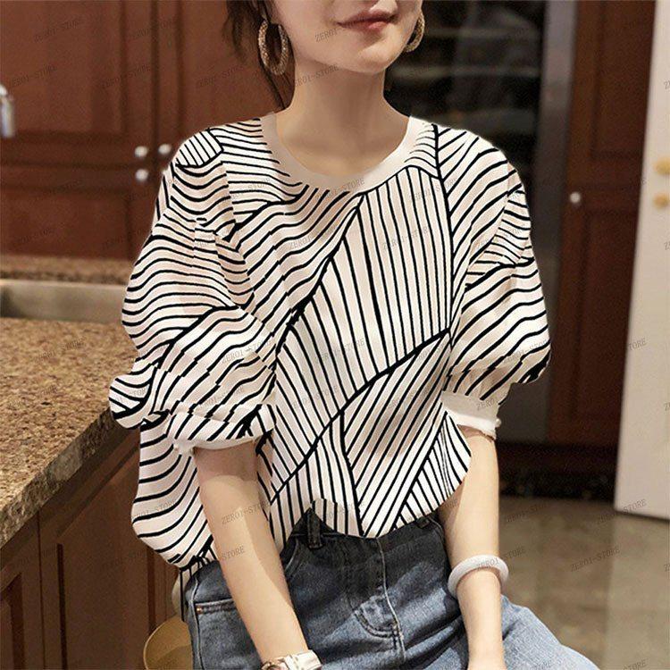 トップス レディース Tシャツ きれいめ  幾何柄 半袖トップス 白インナー オシャレ ブラウス tシャツ 綿 大きいサイズ 着痩せ 韓国風