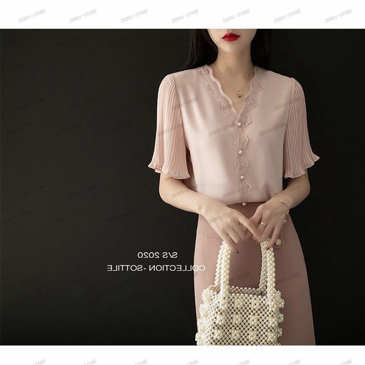 レディース  ブラウス 春夏 オシャレブラウス白 韓国風 半袖トップスシフォン レースVネックシャツ フレア袖トップス 薄手 大きいサイズ 上品 通勤OL |  | 01
