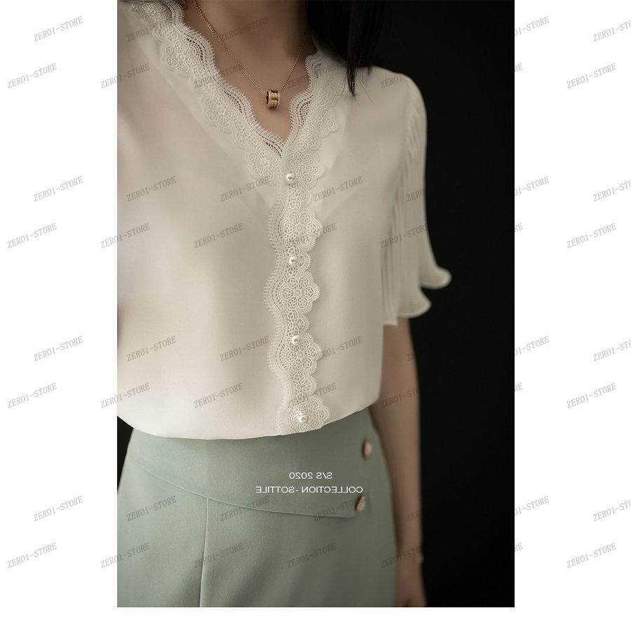 レディース  ブラウス 春夏 オシャレブラウス白 韓国風 半袖トップスシフォン レースVネックシャツ フレア袖トップス 薄手 大きいサイズ 上品 通勤OL |  | 10