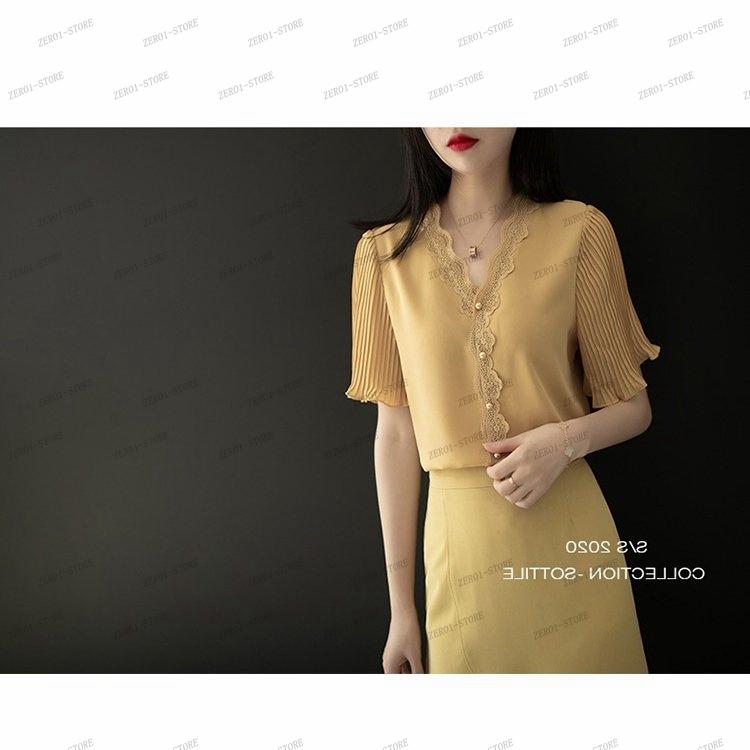 レディース  ブラウス 春夏 オシャレブラウス白 韓国風 半袖トップスシフォン レースVネックシャツ フレア袖トップス 薄手 大きいサイズ 上品 通勤OL |  | 15